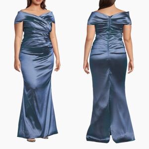 NWT RICKIE FREEMAN FOR TERI JON Off-Shoulder Ruched Taffeta Gown Size 18 $600